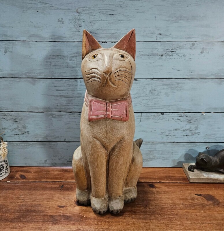フランス ヴィンテージ 木彫り 猫の置物 キャット 木製 オブジェ インテリア ブロカント アンティーク 
