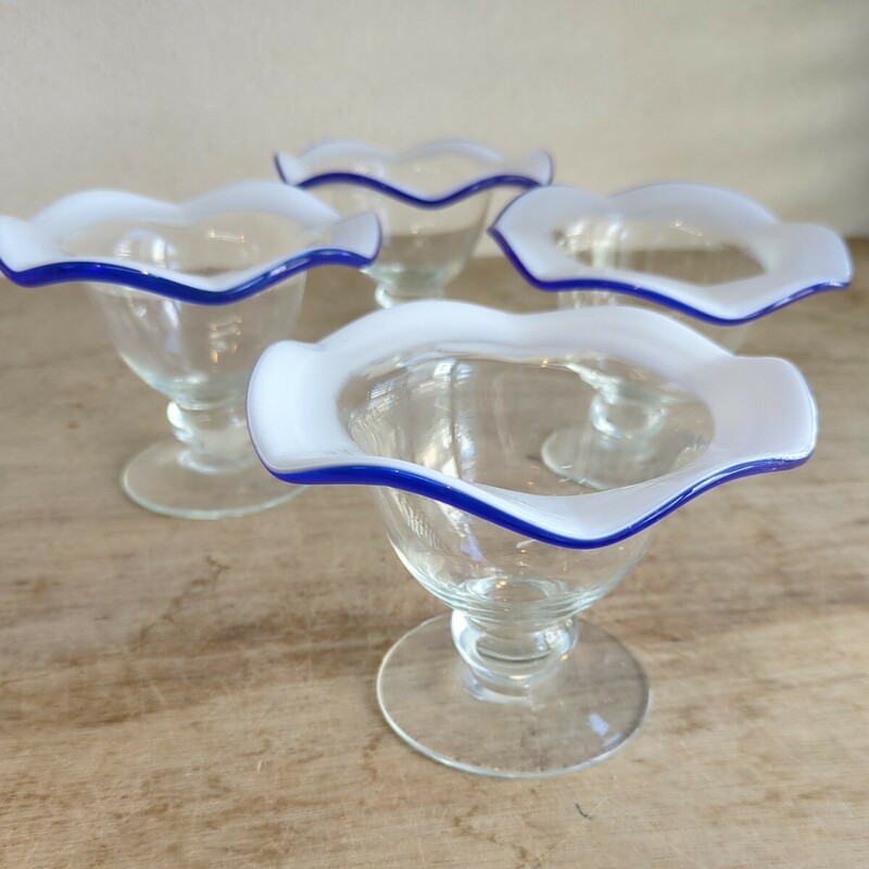 昭和レトロ 氷コップ 和ガラス ガラス コンポート 乳白　ブルー　4つ