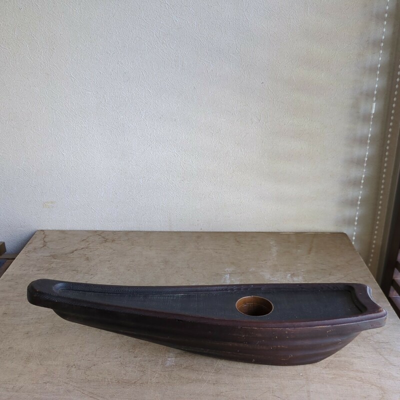 花入れ　木製　花器　茶道具　華道具　内側銅器　舟形
