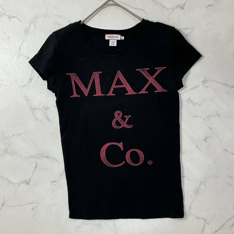 MAX&Co. マックスアンドコー ロゴ プリント クルーネック リブ 半袖 Tシャツ ブラック M