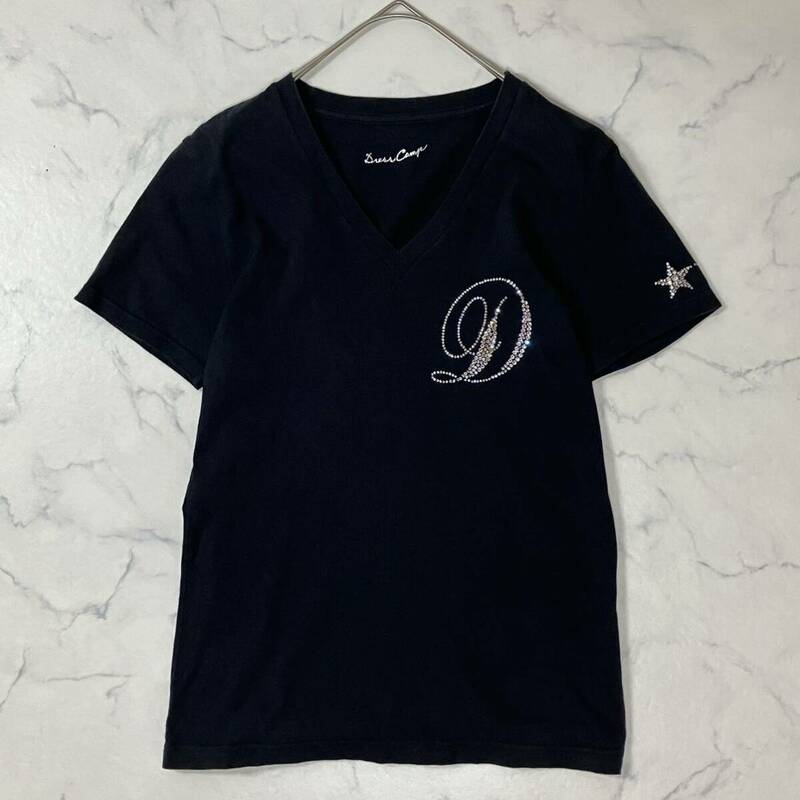 DRESS CAMP ドレスキャンプ 日本製 ワントーン ロゴ プリント ビジュー Vネック 半袖 Tシャツ ブラック 44