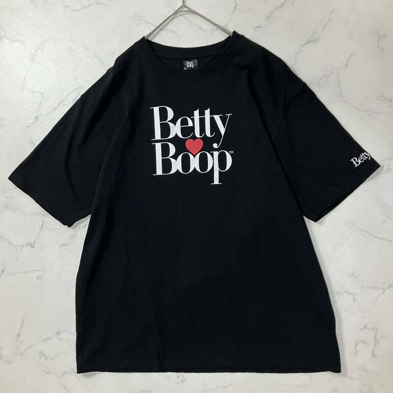 美品 Betty Boop ベティーブープ 大きいサイズ ベティちゃん ロゴ 刺繍 プリント クルーネック リブ 半袖 Tシャツ ブラック 3L