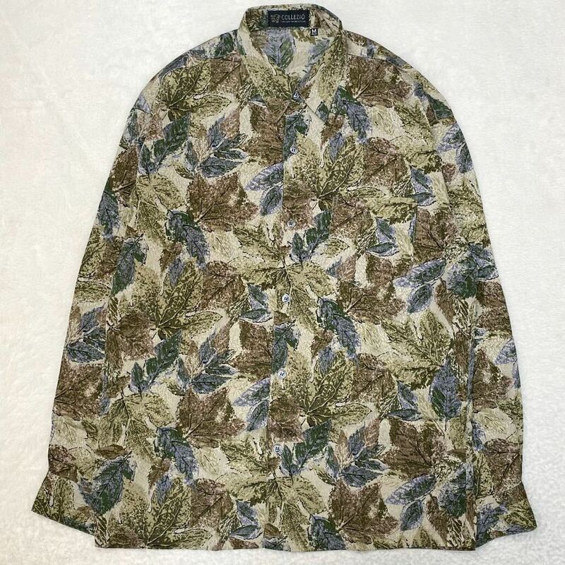 vintage レトロシャツ　古着　総柄 長袖シャツ ポリエステル100% ポリシャツ　ヴィンテージ 羽織り　木の葉柄　日本製　大きめサイズ