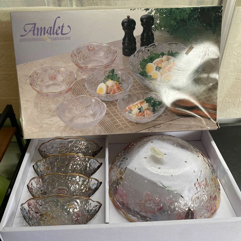 グラス　小鉢5 大鉢1 未使用品　昭和レトロ　カメイガラス　金彩　食器　皿　ボウル　鉢　デザート皿　花柄　フラワー
