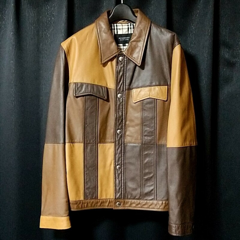 銀座店限定 BURBERRY BLACK LABEL バーバリーブラックレーベル M レザージャケット クレイジーパターン パッチワーク ブラウン ライダース