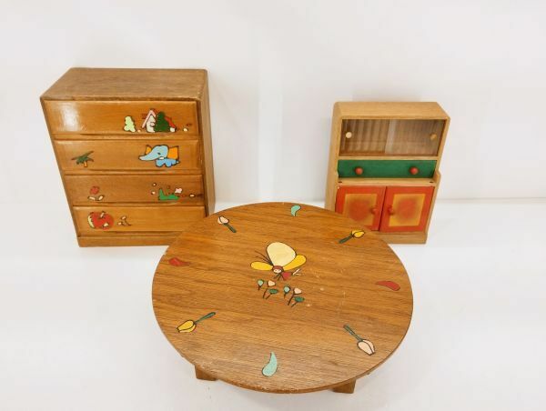 S/ 当時物 木製玩具 ままごと セット 箪笥 丸ちゃぶ台 他 昭和レトロ 希少 / NY-1559