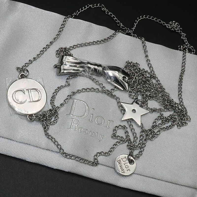 正規品 ディオール Dior CDロゴ Logo スター 星 Star リボン Ribbon ダブルネックレス Double Necklace 袋 Dust Bag Authentic Mint