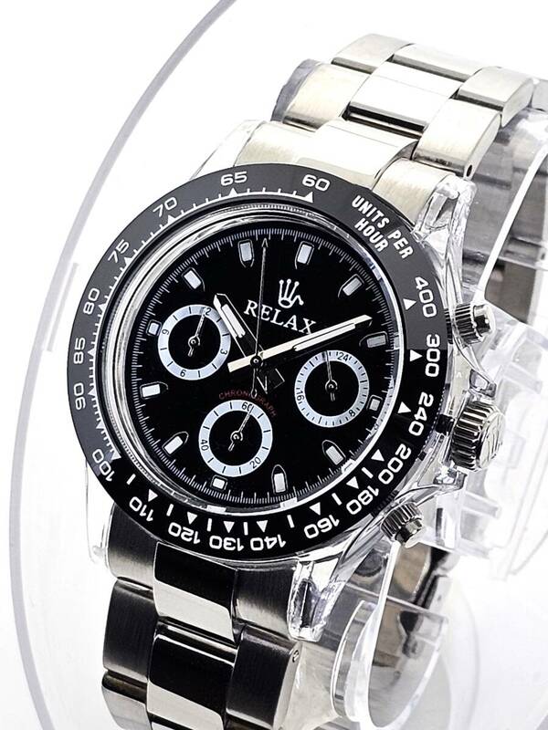 【即決特価】RELAX リラックス 王冠ロゴ D8-S カスタム腕時計 クロノ 爆発的な人気のあるモデルの一つ御時計 黒文字盤 所ジョージ