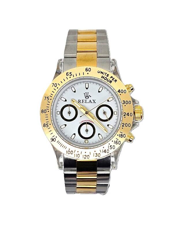 【本日特価】RELAX リラックス 王冠ロゴ D26-MGS カスタム腕時計 クロノ イエローゴールド 上品で大人っぽさを感じて頂ける御時計