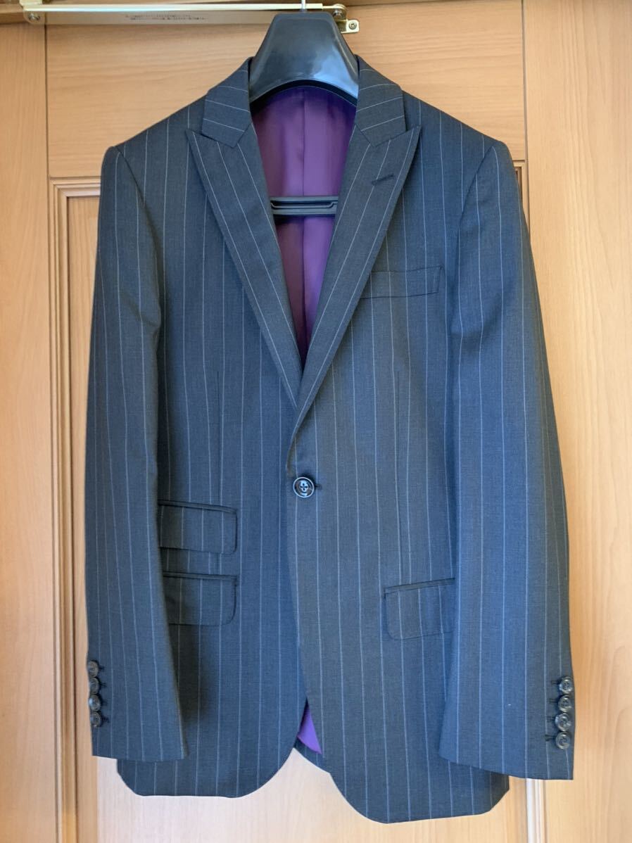 ☆希少美品☆グレーストライプジャケット　１B　JK　春秋物　Ｍ　アルジルベルト　最高級生地super120使用　黒蝶貝ボタン