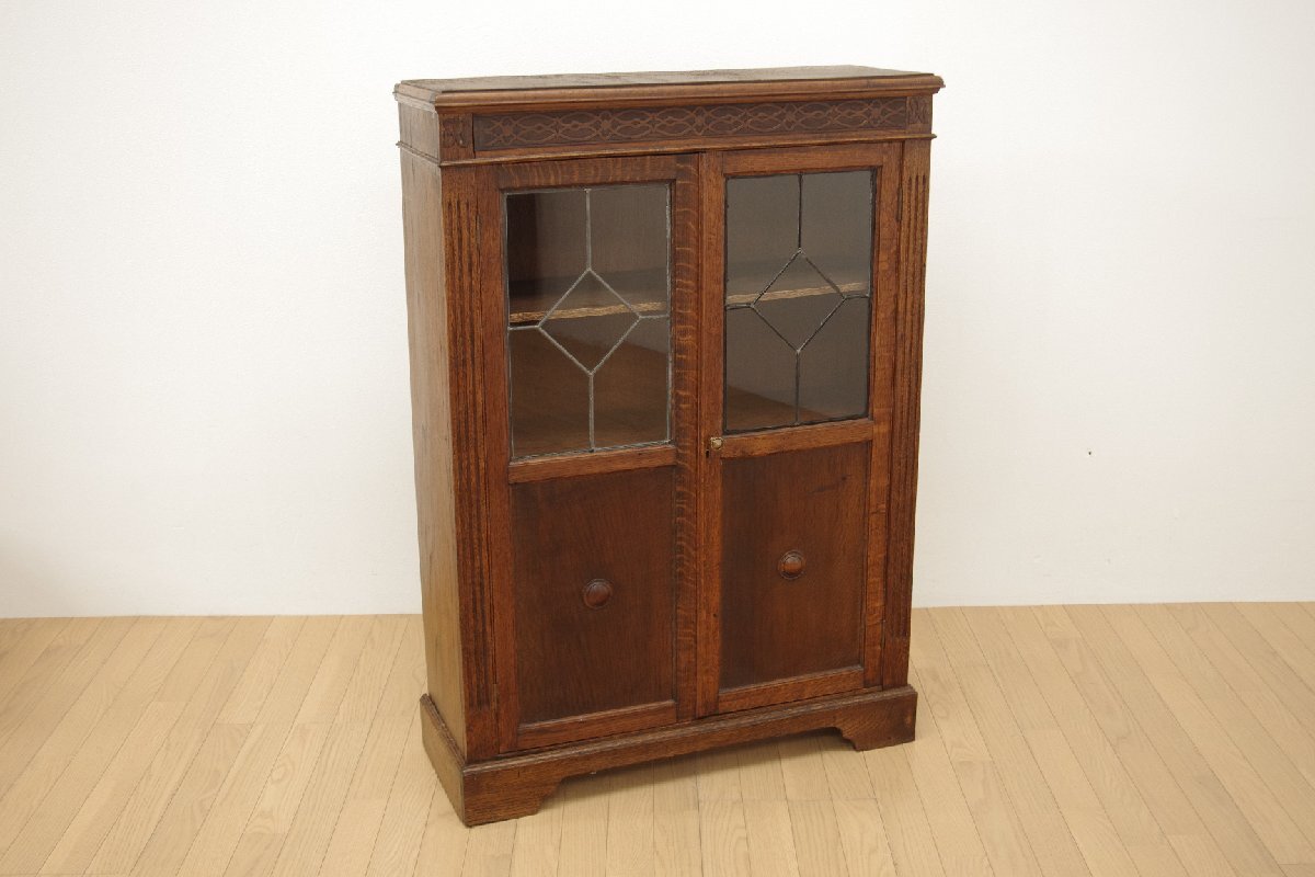 ドイツアンティーク ビンテージ オーク材 天板跳ね上げ式 天面収納 D.R.G.M ガラスキャビネット ステンドグラス 薄型 飾り棚 店舗 カフェ