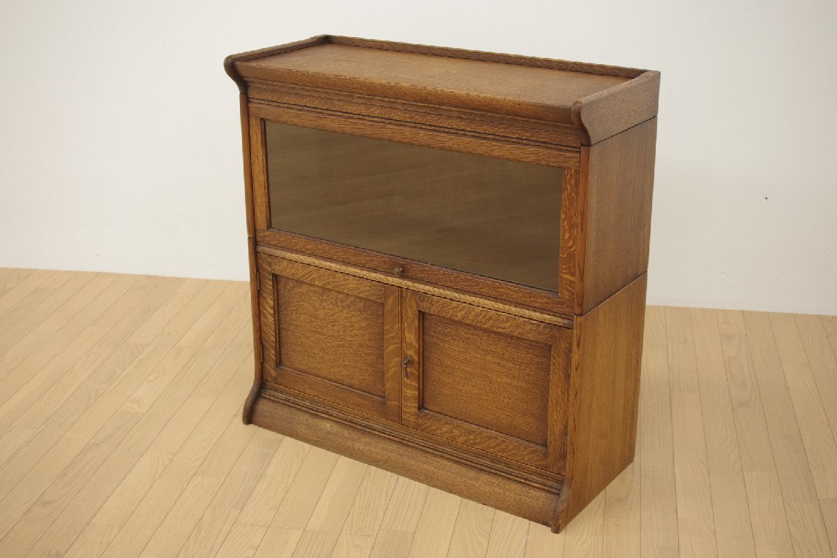 ビンテージ オーク無垢材 キャビネット 飾り棚 ガラス扉 戸棚 スライド式 収納家具 リビング 書斎 ヨーロピアン 西洋 幅87奥行37高さ89