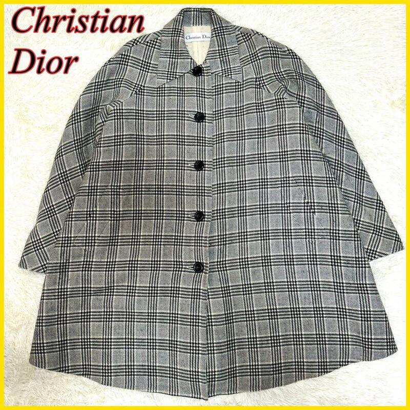 Christian Dior クリスチャンディオール ロングコート ステンカラーコート グレー チェック柄 グレー ウール フリーサイズ ユニセックス