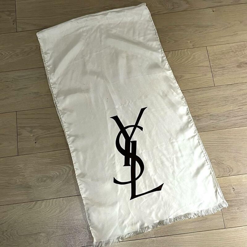 イヴサンローラン　シルク100%　ストール　マフラー　スカーフ　アイボリー　ロゴ