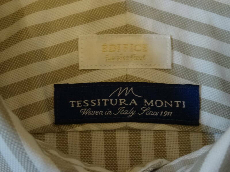 高級 イタリア モンティ生地使用 EDIFICE ワイドカラードレスシャツ ☆ TESSITURA MONTI エディフィス 白 ベージュ ストライプ Mサイズ