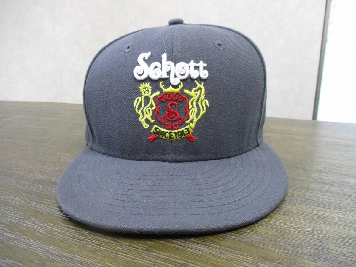希少 高級 Schott NEWERA 59FIFTY 1913 BASE BALL CAP クラウン刺繍 ベースボールキャップ 野球帽 黒 グレー 7 1/2 59.6cm