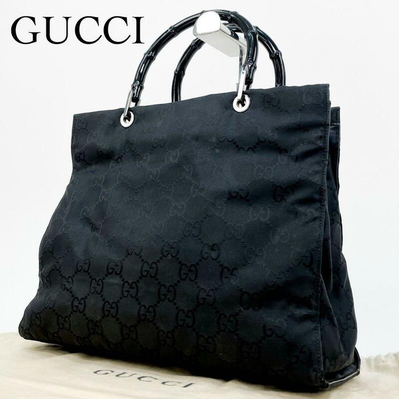 美品・人気モデル GUCCI グッチ トートバッグ ハンドバッグ バンブー トップハンドル GG ナイロン ブラック 保存袋