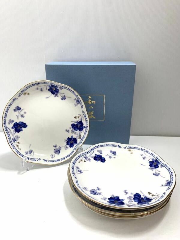HOYA CRYSTAL CORPORATION 和皿揃え　金彩蘭花柄　青藍　保谷プレート 5枚●