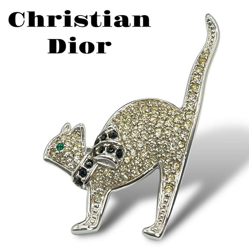 美品 Christian Dior クリスチャンディオール　ブローチ ネコ キャット ラインストーン 銀