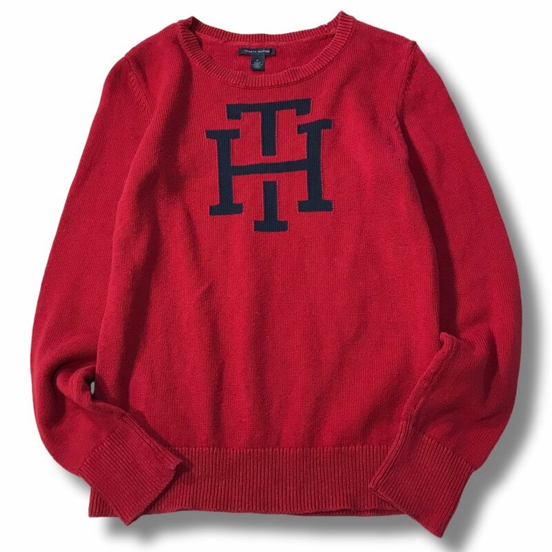 《良品◎》TOMMY HILFIGER トミーヒルフィガー★ビッグロゴ*コットンニット*セーター*レッド*サイズM(MW3341)◆S60