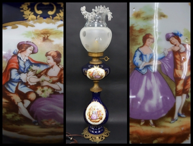 【閑】大型ランプ フリルガラスランプ 金彩色絵『貴公子と貴婦人文』洋燈 卓上ランプ☆高約76㎝☆時代物☆3R0412■