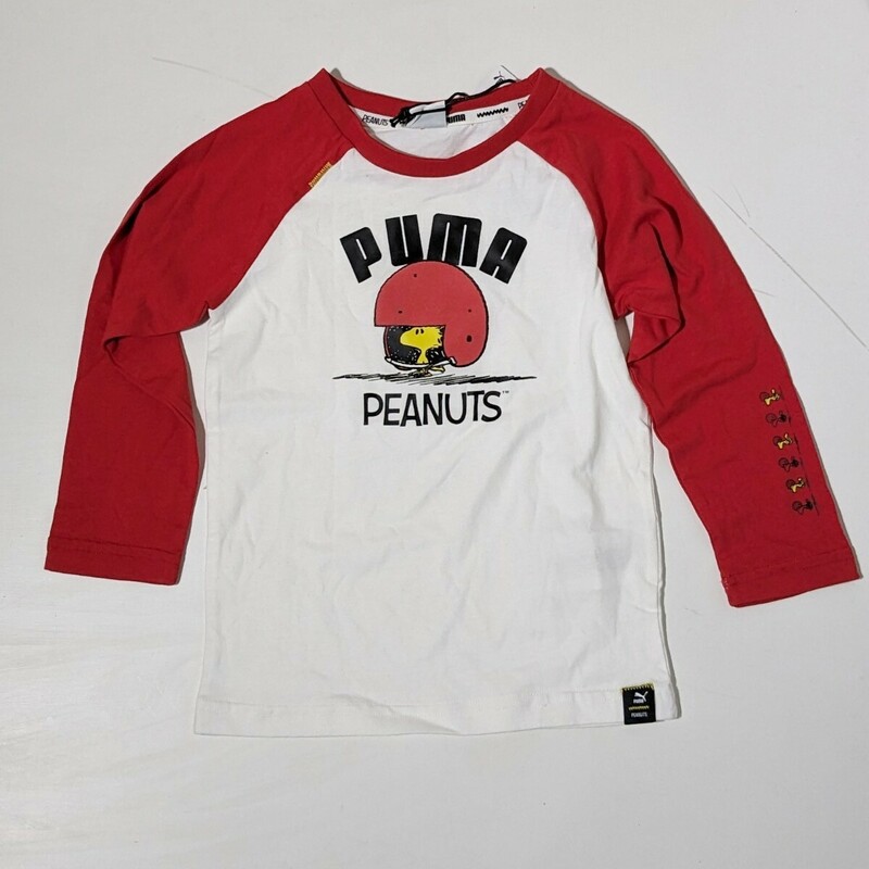 新品未使用 128 Puma × Peanuts ラグランTシャツ レッド ホワイト 子供用 キッズ プーマ ピーナッツ スヌーピー 589363 31
