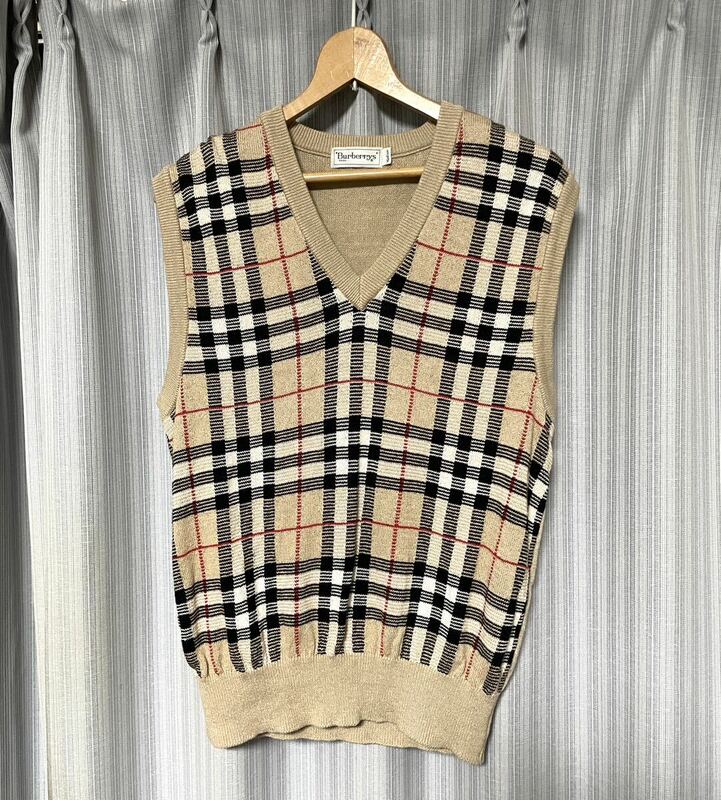 美品 バーバリー Burberry サマー ニット ベスト　ノバチェック メンズ レディース ユニセックス サイズM ヴィンテージ 麻 リネン Vネック