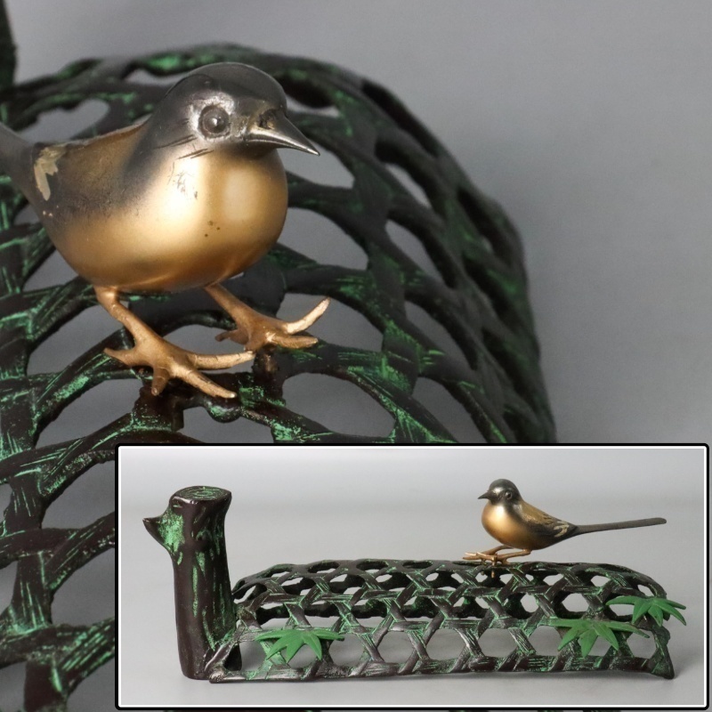 【宙】金工師造 銅製 籠乗鳥置物 26.4cm 総重量731g 置物 オブジェ 古美術品 12S21.l.B