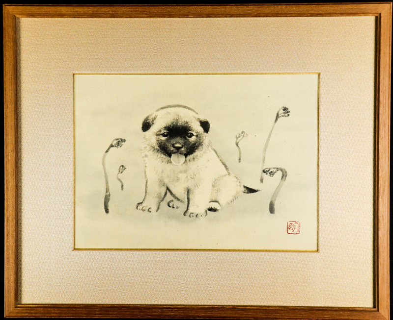 【宙】真作保証 穐月明「仔犬」肉筆日本画 4号 共シール タトウ箱付 墨彩巨匠 孤高の画家 MA91(120)
