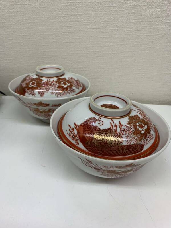 九谷焼 陶香　和食器 丼 ご飯茶碗 陶磁器　赤絵 アンティーク 中古　ペア