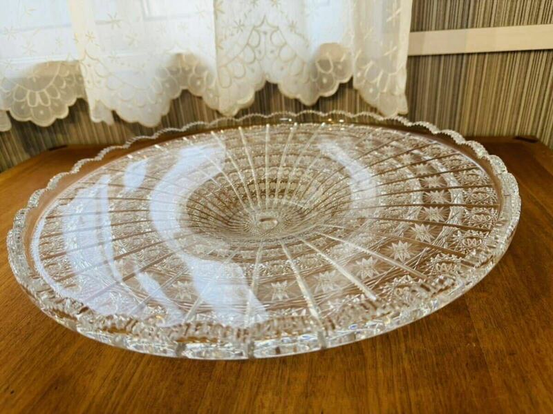 【美品】 BOHEMIA ボヘミアガラス クリスタルガラス ハンドカット 大皿 盛皿 深皿 コンポート プレート 約40cm