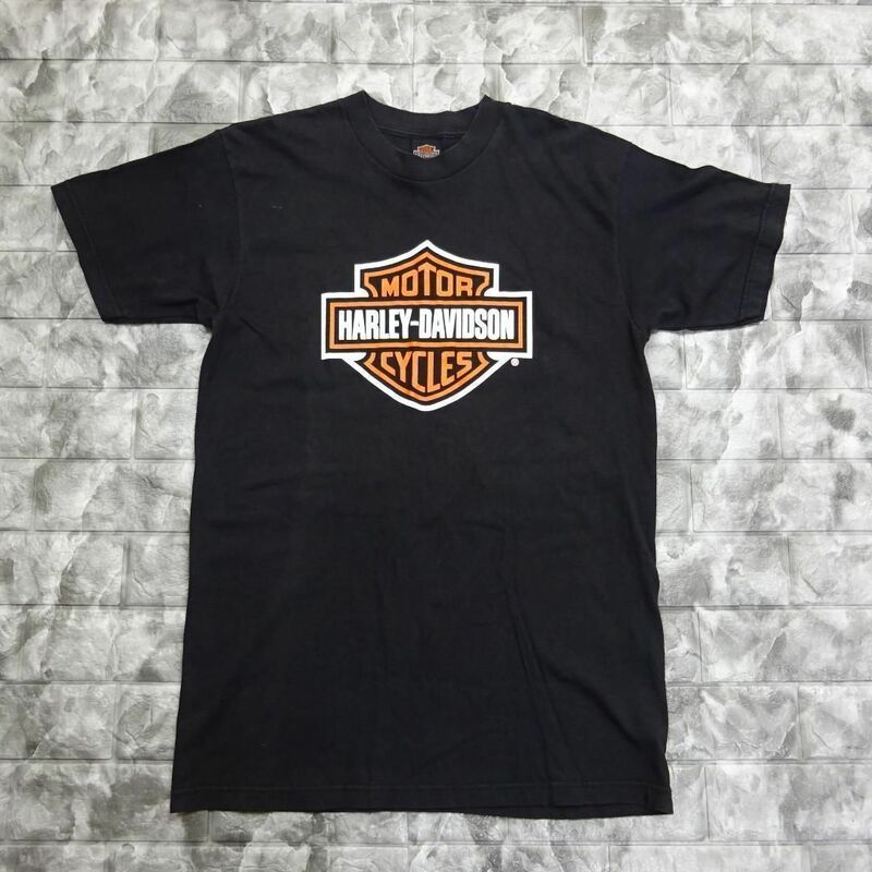 ハーレーダビッドソン プリントTシャツ M ブラック 胸ロゴ 半袖 オレンジ 8044