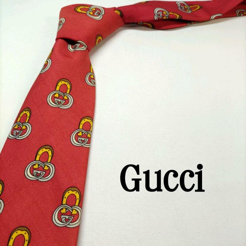 GUCCI レッド 赤色 GG柄 シルク100% イタリア製 リユース ネクタイ