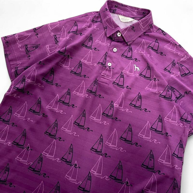 極美品■adabat アダバット XL 大きいサイズ 半袖 ポロシャツ ゴルフウェア 刺繍ロゴ 総柄 パープル 紫 吸水速乾 ストレッチ 日本製 メンズ