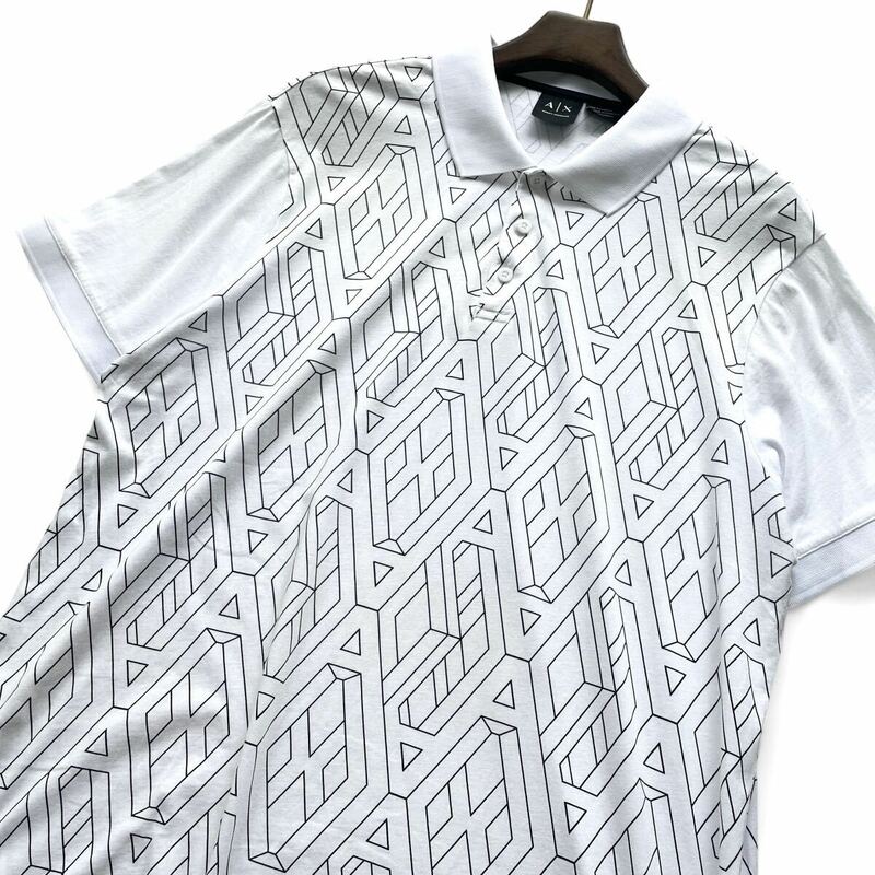 極美品■アルマーニ エクスチェンジ【XL】大きいサイズ 総柄 ロゴ 半袖 ポロシャツ ホワイト 白 ARMANI EXCHANGE メンズ