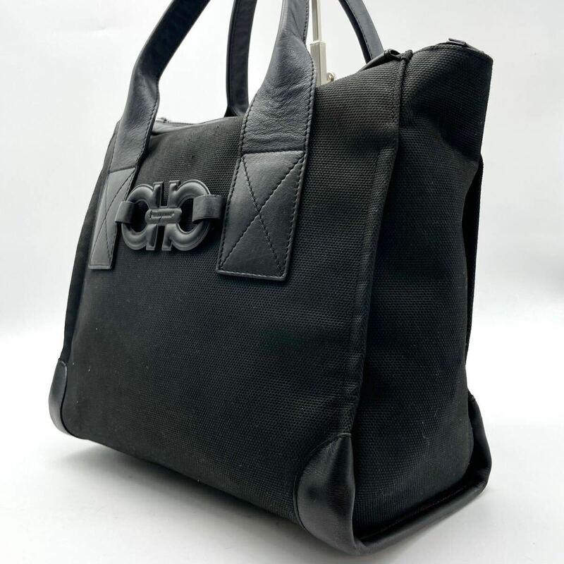 美品 フェラガモ Salvatore Ferragamo メンズ ビジネス トートバッグ ダブルガンチーニ レザー キャンバス ブラック 黒 A4 通勤 カバン 鞄