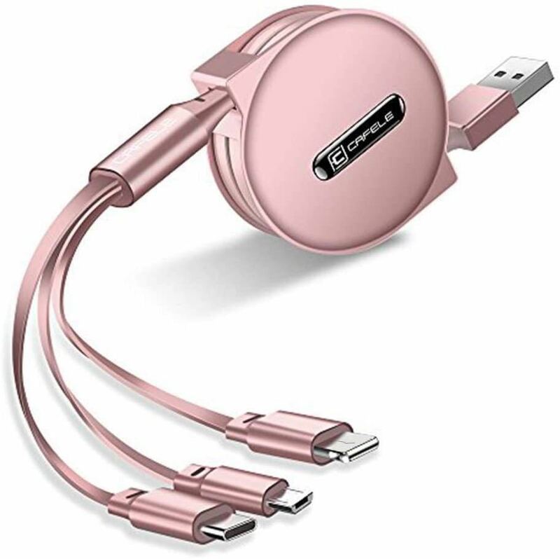CAFELE 巻き取り式 3in1 充電ケーブル Type-C/Micro USB対応ケーブル 同時給電可 データ転送 1.2m (ローズゴールド)