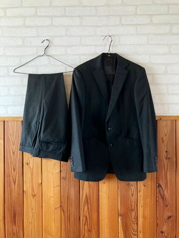 SUIT SELECT メンズ スーツ Y6 黒 ストライプ シングル セットアップ 紳士服 ウール 毛混 ビジネス 春秋物 ジャケット スラックス 細身