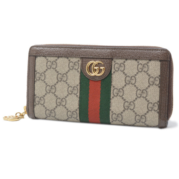 グッチ 財布 レディース オフィディア GGスプリーム ラウンドファスナー 長財布 ブラウン系 GUCCI 523154 中古