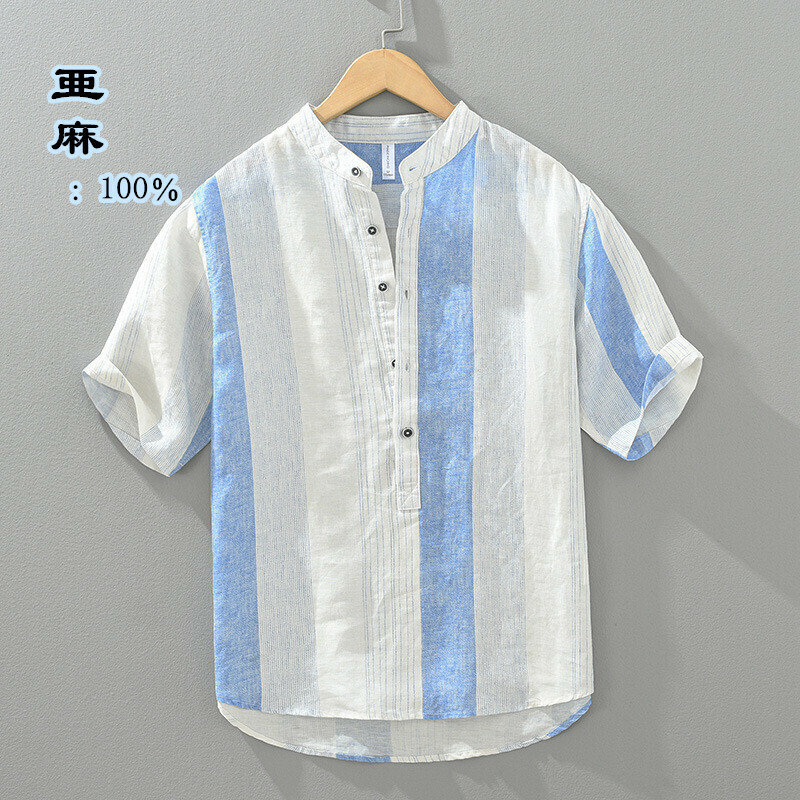 リネンシャツ　半袖　半袖シャツ　亜麻　夏服　サマーシャツ　メンズ*新品　トップス　カジュアルシャツ　海シャツ【YH1257】ブルー　M