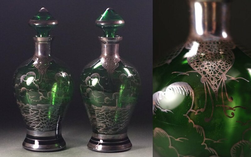 ∇花∇富裕層のガラス器 20世紀初頭ボヘミア グリーンガラス銀彩ベネチア風景酒瓶一対 デキャンタ 時代箱入