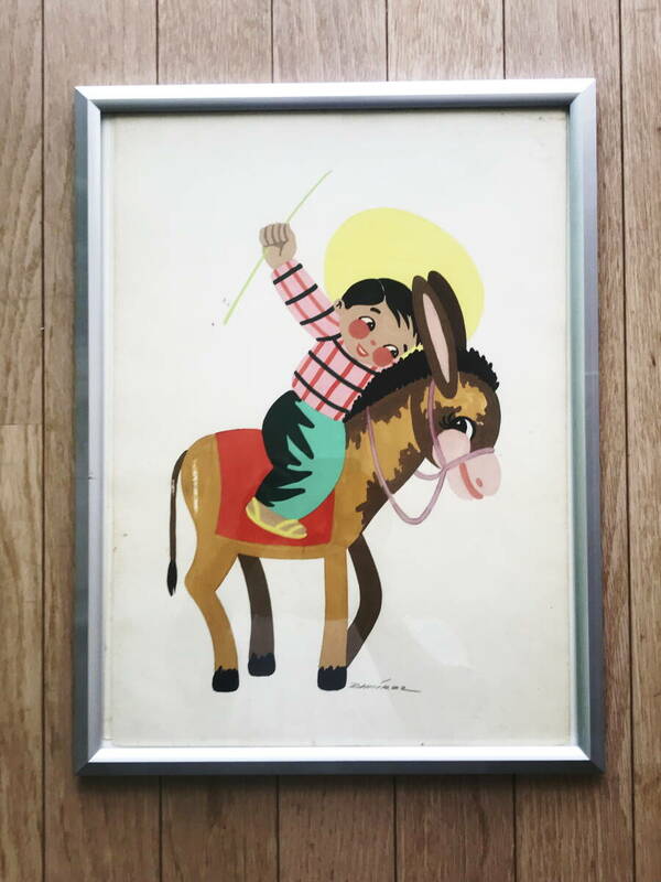 1950's ビンテージ ペインティング 「少年とドンキー」 絵画 額装品メタル @60s ポップアート ロバくん リキテンスタイン キースヘリング