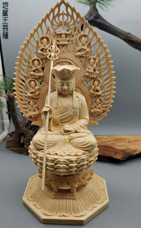 新作 木彫仏像 地蔵菩薩 仏教美術 木造地蔵菩薩 蓮華丸台座 総高28cm