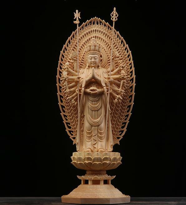 仏教美術 精密彫刻 仏像 手彫り 八角台座 桧木製 千手観音菩薩 高さ約43ｃｍ