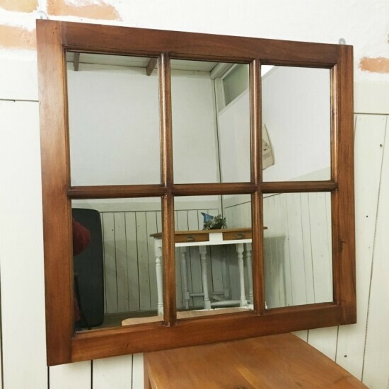 アンティーク調 木製窓枠 鏡 壁掛けミラー ナチュラル 6枠