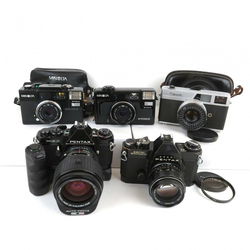 まとめ 5点 フィルムカメラ PENTAX ME F ELECTRO SPOTMATIC Canon Canonet ミノルタ HI-MATIC AF2-MD AD-D 35-70mm 0502-035
