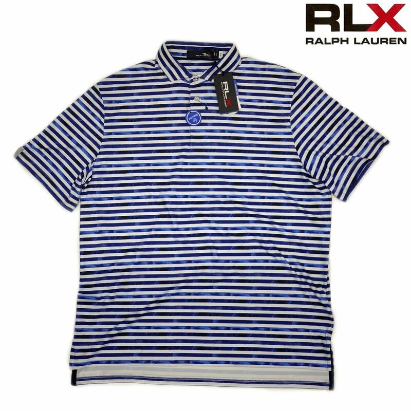 未使用RLX ラルフローレン 半袖ポロシャツ(US-XL/日本-2XL相当)ブルーxホワイトボーダー吸湿発散＆ストレッチ ゴルフ最適RALPH LAUREN/ba53