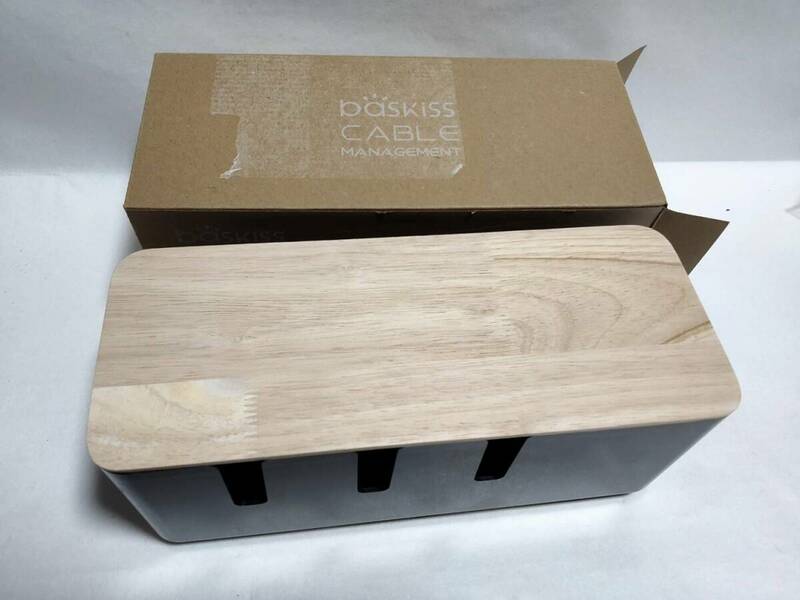 【一円スタート】Baskiss ケーブルボックス テーブルタップ収納ボックス 天然木&樹脂製 1円 HAM01_2532