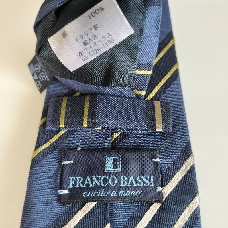 FRANCO BASSI(フランコバッシ)青紺黄色ベージュストライプネクタイ