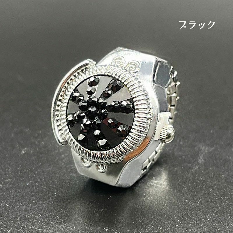 ◇リングウォッチ 指輪時計 カバー付 フィンガーウォッチ ラウンドフェイス ブラック